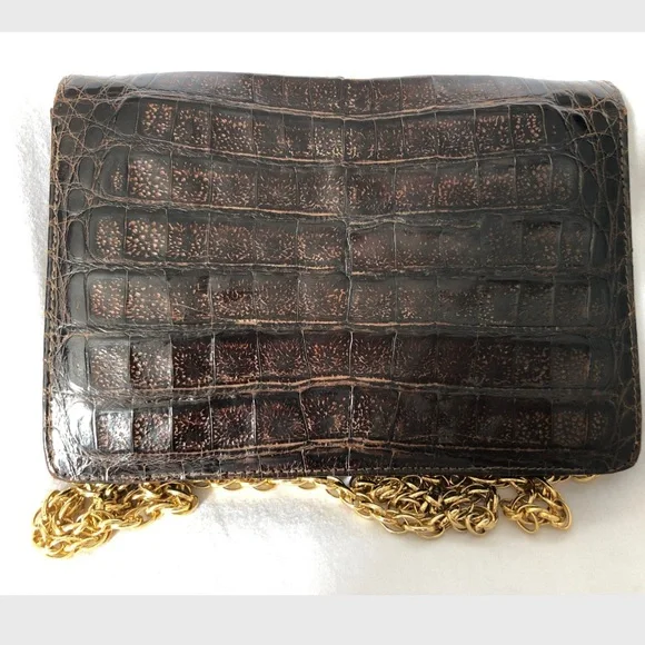 1960's dark brown alligator skin leather Clutch Mini gold color chain strap